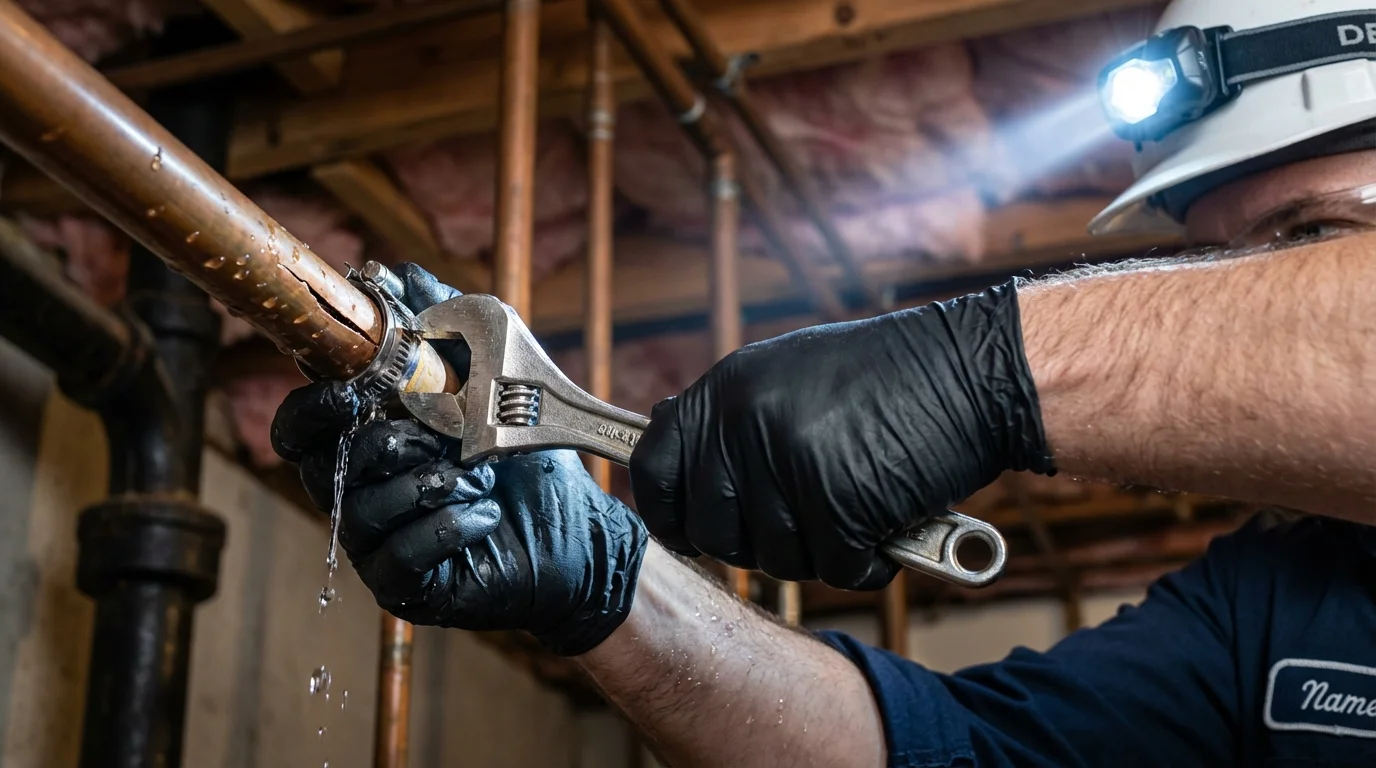 Emergency pipe clamp repair being performed by a Johns Plumbing LLC plumber in Bryson City