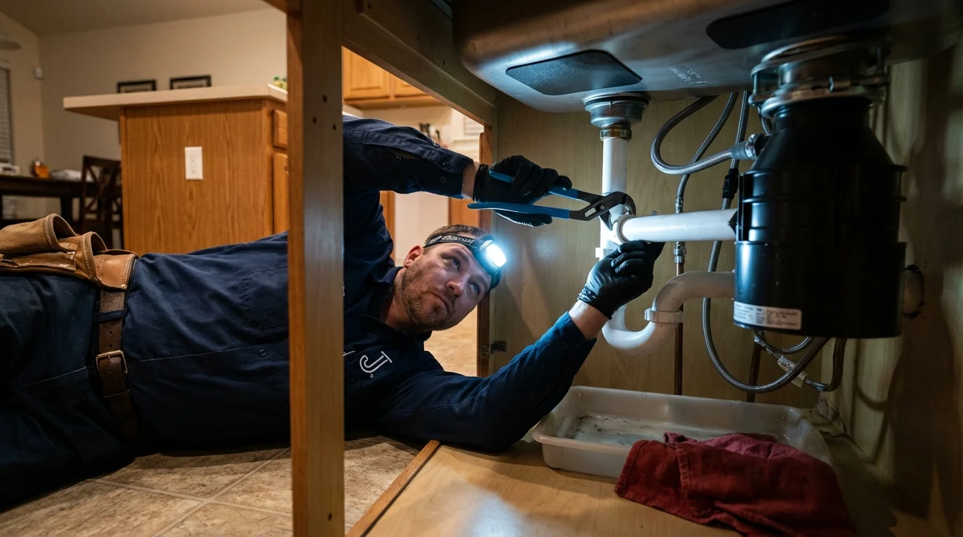 P-trap and supply line connections under a kitchen sink showing a common leak point in Bryson City, NC